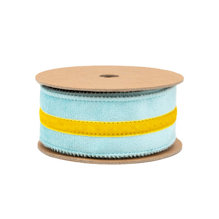 1 1/2" Wired Velvet Ribbon w/ Trim | Blue w/ Yelllow Trim | 10 Yard Roll LaRibbons and Crafts