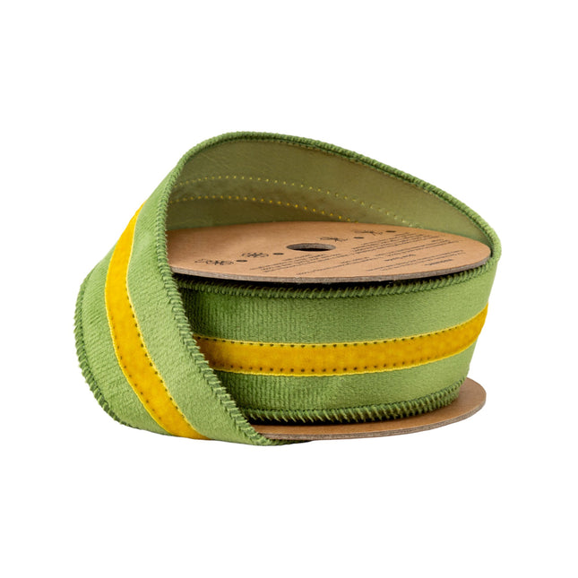 1 1/2" Wired Velvet Ribbon w/ Trim | Green w/ Yellow Trim | 10 Yard Roll LaRibbons and Crafts