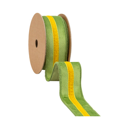 1 1/2" Wired Velvet Ribbon w/ Trim | Green w/ Yellow Trim | 10 Yard Roll LaRibbons and Crafts