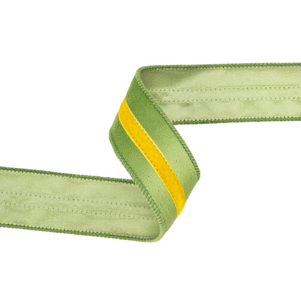 1 1/2" Wired Velvet Ribbon w/ Trim | Green w/ Yellow Trim | 10 Yard Roll LaRibbons and Crafts