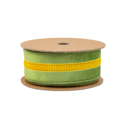 1 1/2" Wired Velvet Ribbon w/ Trim | Green w/ Yellow Trim | 10 Yard Roll LaRibbons and Crafts