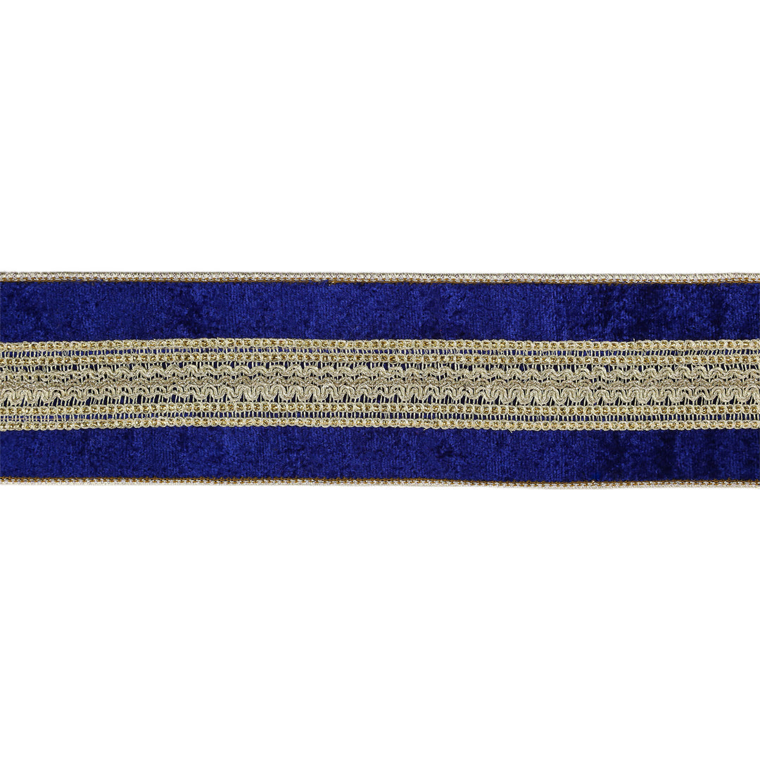 2 1/2" Wired Premium Ribbon | Gold Trim on Blue | 5 Yard Roll