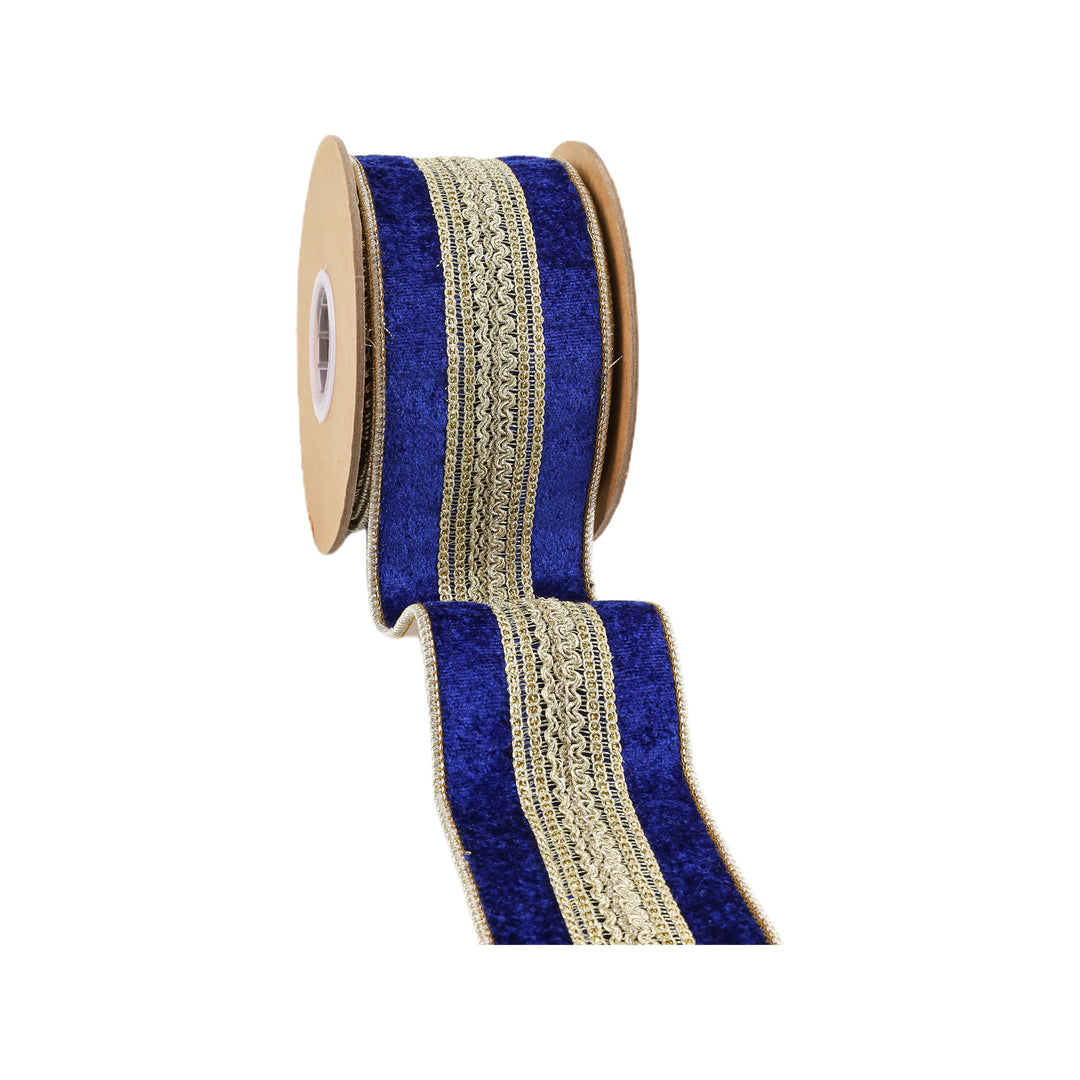 2 1/2" Wired Premium Ribbon | Gold Trim on Blue | 5 Yard Roll