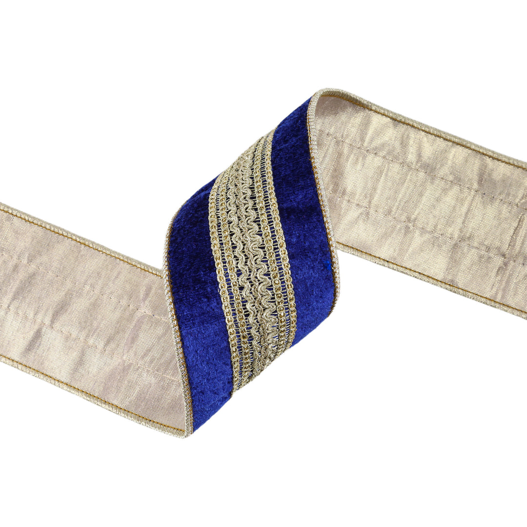 2 1/2" Wired Premium Ribbon | Gold Trim on Blue | 5 Yard Roll