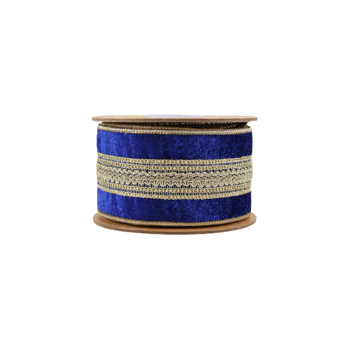 2 1/2" Wired Premium Ribbon | Gold Trim on Blue | 5 Yard Roll