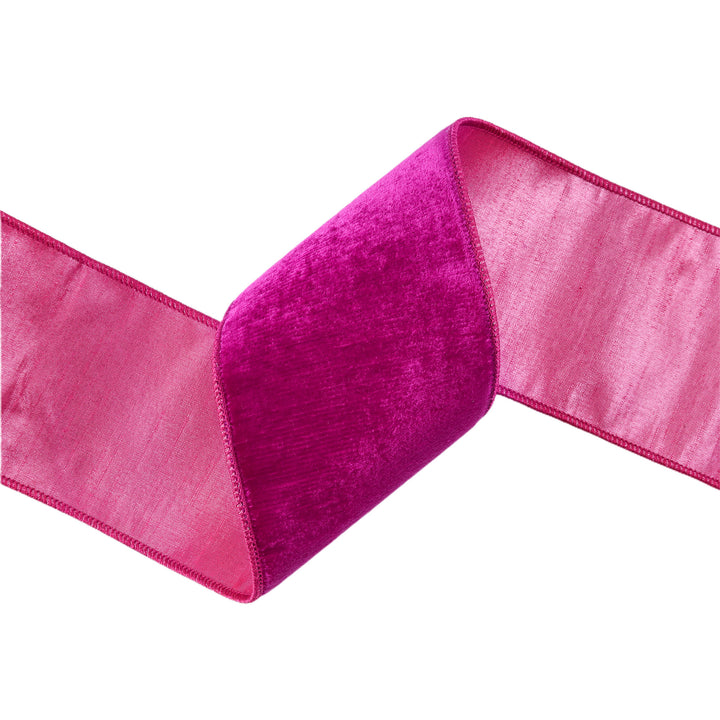 4" Wired Premium Velvet Ribbon | Hot Pink w/ Pink Dupioni Backing | 5 Yard Roll