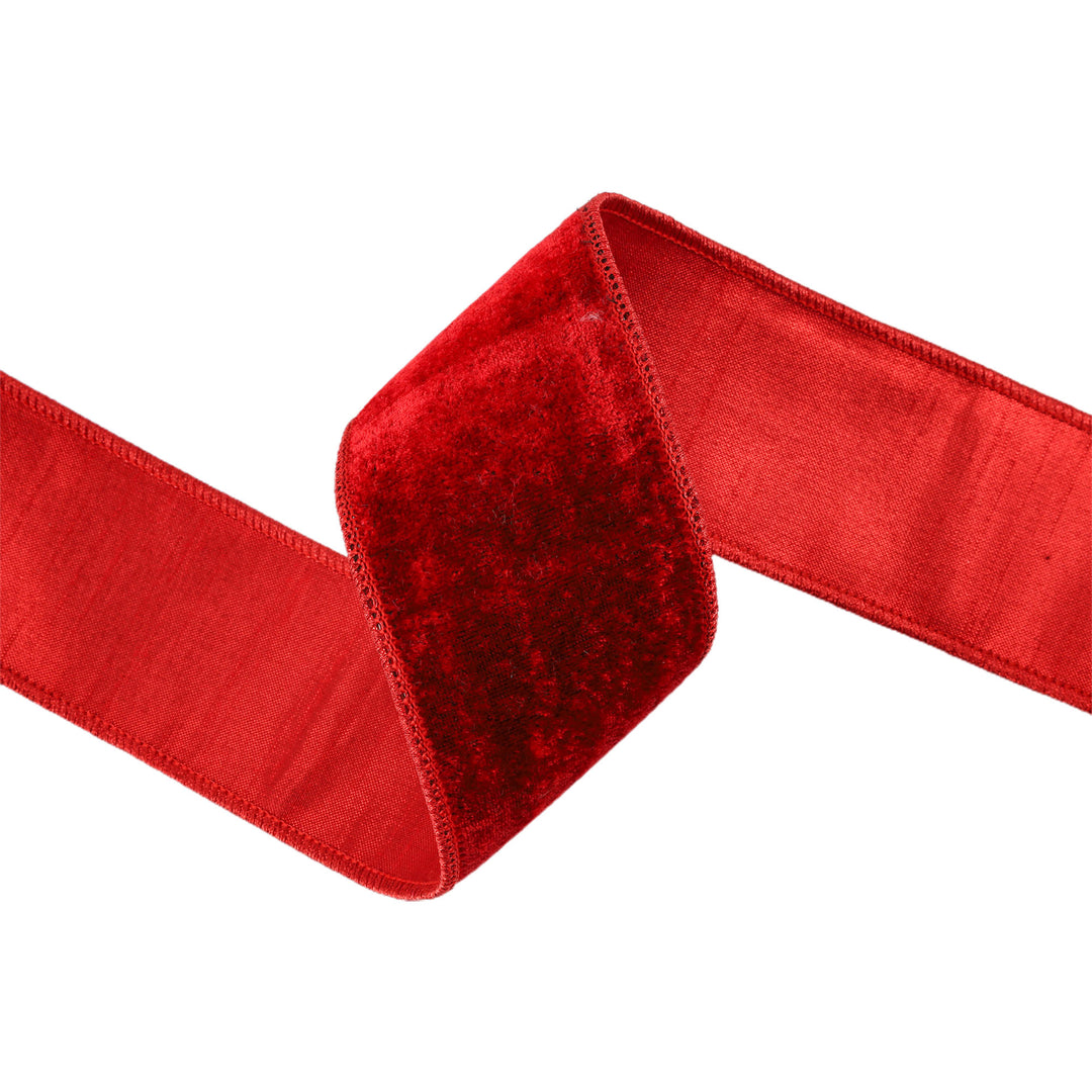 2 1/2" Wired Premium Velvet Ribbon | Red w/ Red Metallic Dupioni Backing | 5 Yard Roll