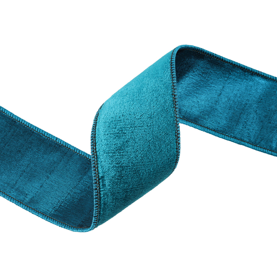 2 1/2" Wired Velvet Premium Ribbon | Teal w/ Teal Metallic Dupioni Backing | 5 Yard Roll