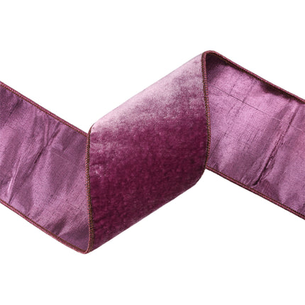 4" Wired purple velvet ribbon (purple metallic dupioni backing), suitable for home decor.