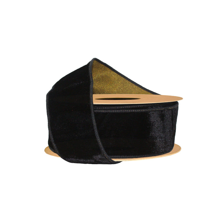 2 1/2" Wired Premium Velvet Ribbon w/ Tissue Back | Black/Gold | 10 Yard Roll