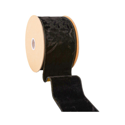 Black velvet ribbon spool (gold-stitched edges) – plush, elegant decor supply.