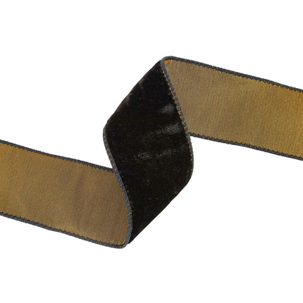 Folded black velvet ribbon: gold back + stitched edges – dual-tone decor.