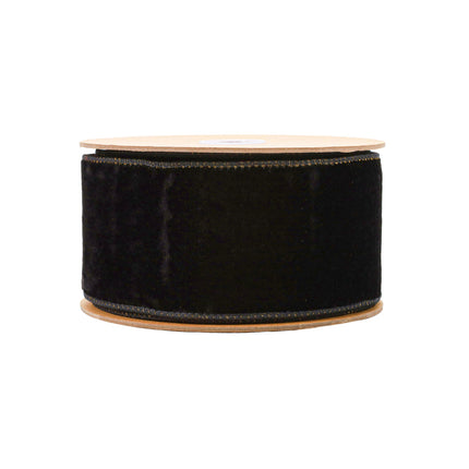 Black velvet ribbon spool: gold-stitched edges – plush holiday decor.