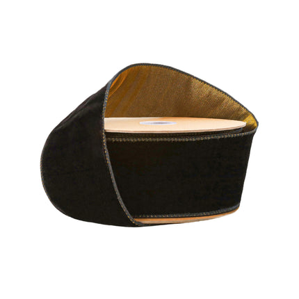 Roll of plush black velvet ribbon (with gold backing) on a spool, ideal for gift wrapping accents, and sophisticated event decor.