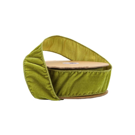Olive Green Velvet Ribbon, Plush Texture & Neat Stitching, Luxe Sheen on Brown Spool.