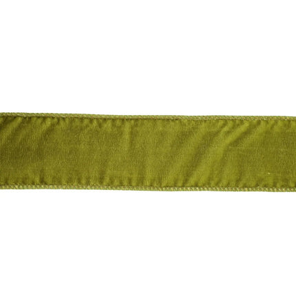 Olive Green Velvet Ribbon Close-Up, Smooth Plush Surface & Intricate Edge Stitching.
