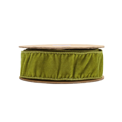 Olive Green Velvet Ribbon on Spool, Ruffled Plush Design & Uniform Edge Stitching.