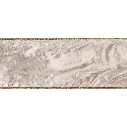 Vertical pale gold premium velvet ribbon roll, shimmer crinkles, gold wired trim.