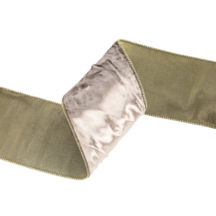 Premium velvet reversible gold ribbon featuring a tissue back and gold-edged detailing, suitable for glamorous holiday decor.