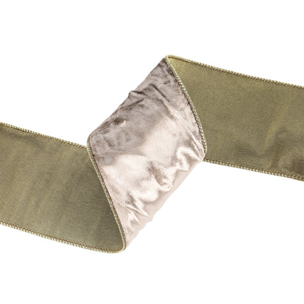 Vertical pale gold premium velvet ribbon roll, shimmer crinkles, gold wired trim.