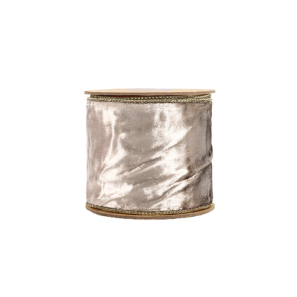 Pale gold velvet ribbon (olive back), crinkled shimmer, refined gold wired trim.