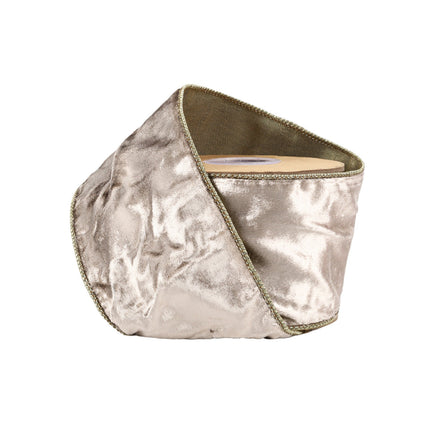 Pale gold premium velvet ribbon roll, crinkled shimmer texture, delicate gold wired trim.