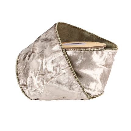 4" Wired Premium Velvet Ribbon w/ Tissue Back | Platinum/Gold | 10 Yard Roll