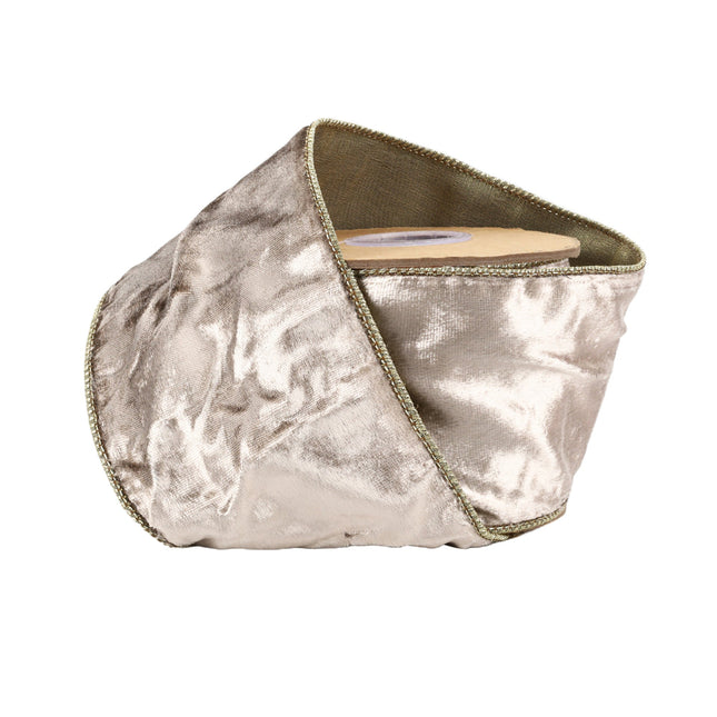 4" Wired Premium Velvet Ribbon w/ Tissue Back | Platinum/Gold | 10 Yard Roll
