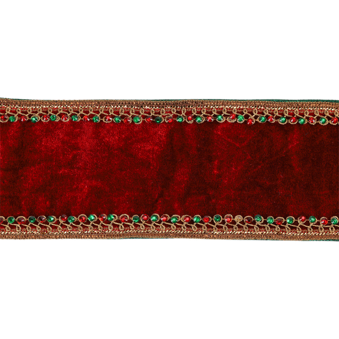 4" Wired Premium Velvet Ribbon | Jeweled Trim Red | 5 Yard Roll