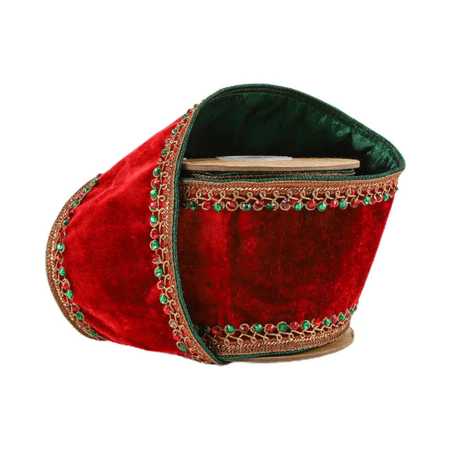 4" Wired Premium Velvet Ribbon | Jeweled Trim Red | 5 Yard Roll LaRibbons and Crafts