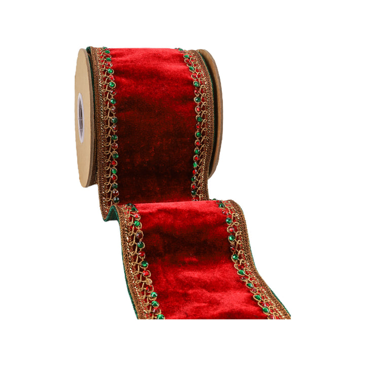 4" Wired Premium Velvet Ribbon | Jeweled Trim Red | 5 Yard Roll