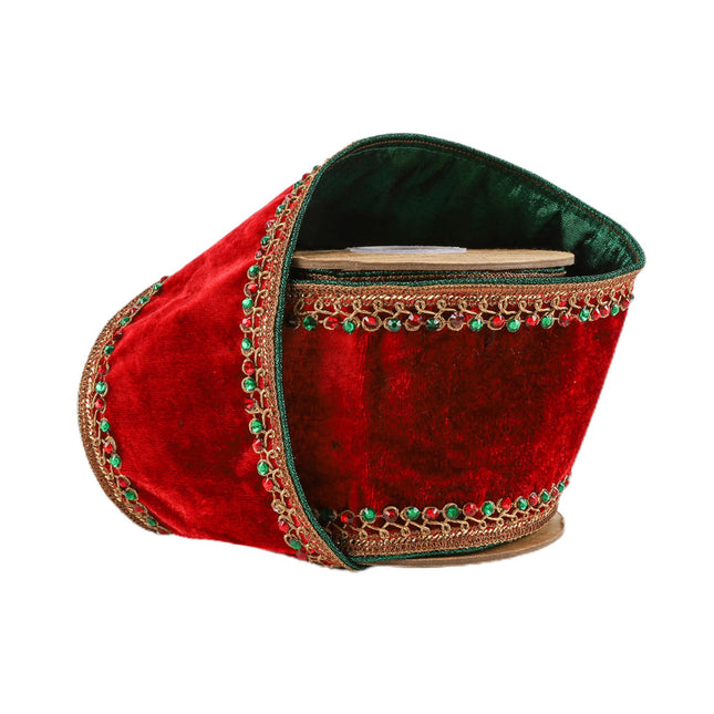 4" Wired Premium Velvet Ribbon | Jeweled Trim Red | 5 Yard Roll