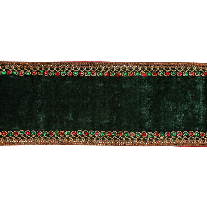 4" Wired Premium Velvet Ribbon | Jeweled Trim Green | 5 Yard Roll