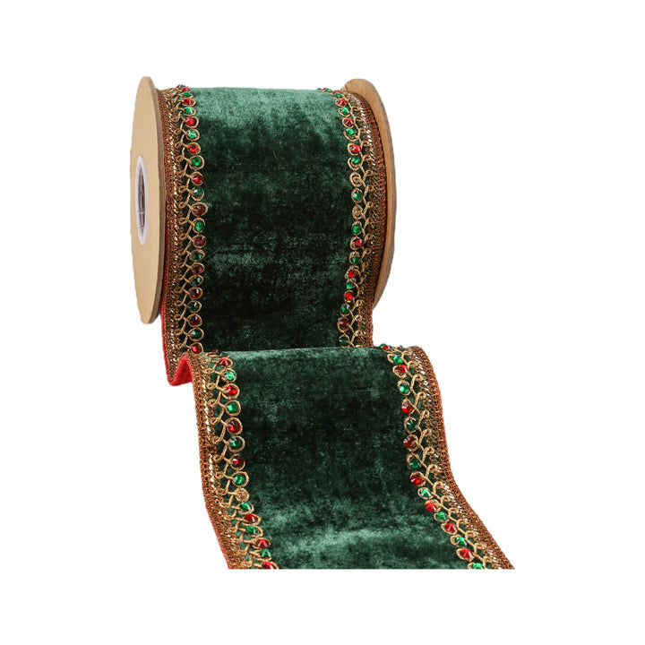 4" Wired Premium Velvet Ribbon | Jeweled Trim Green | 5 Yard Roll