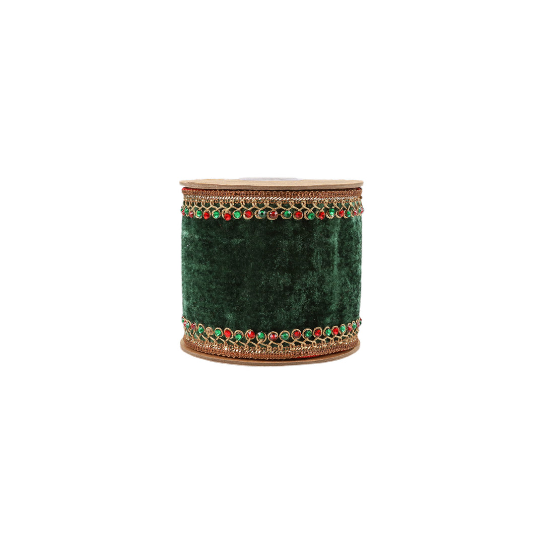 4" Wired Premium Velvet Ribbon | Jeweled Trim Green | 5 Yard Roll