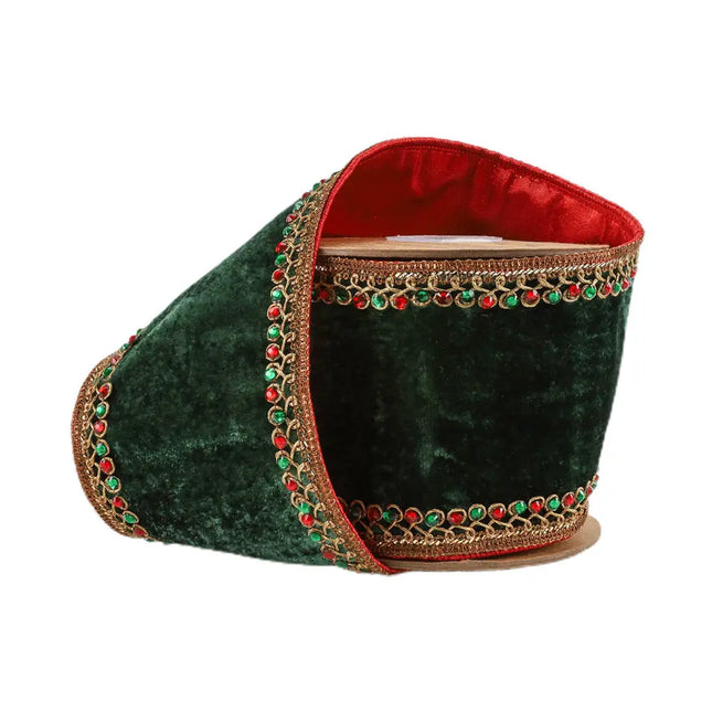 4" Wired Premium Velvet Ribbon | Jeweled Trim Green | 5 Yard Roll LaRibbons and Crafts