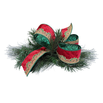 Red Wired Velvet Ribbon Bow on Green Pine, Gold Embroidery & Colorful Rhinestones, Festive Christmas Decor