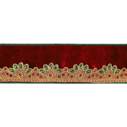 2 1/2" Wired Premium Velvet Ribbon – Red velvet, gold scallop w/ green/red jewels, intricate trim.