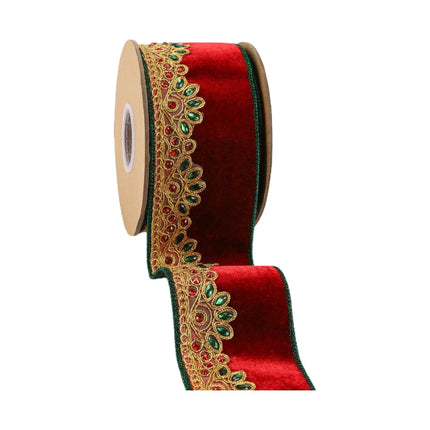 2 1/2" Wired Premium Velvet Ribbon Roll – Red velvet, gold jewel scallop trim, wired for shaping.