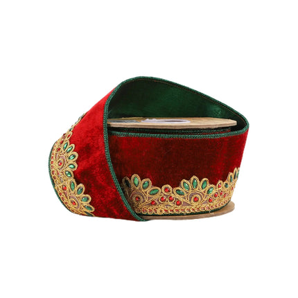 2 1/2" Wired Premium Velvet Ribbon Roll – Red velvet, gold scallop jewel trim, green edge, wired.