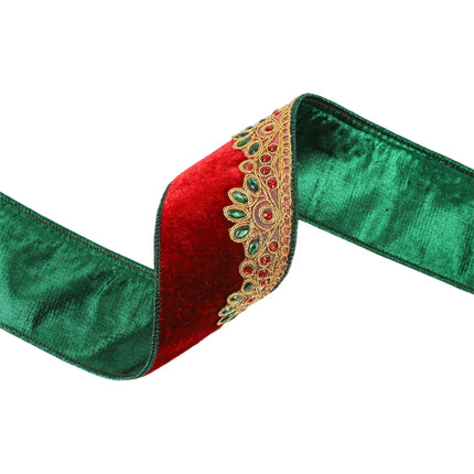 2 1/2" Wired Premium Velvet Ribbon – Red velvet front, green reverse, gold jewel scallop trim.