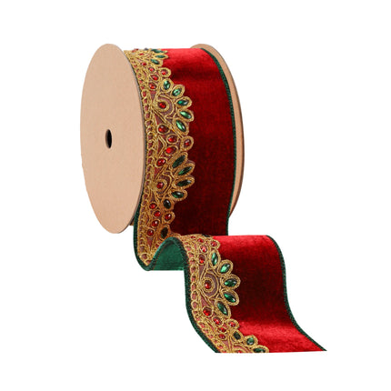 2 1/2" Wired Velvet Ribbon Spool, Red with Intricate Gold Embroidery & Rhinestones, Premium Craft Supply