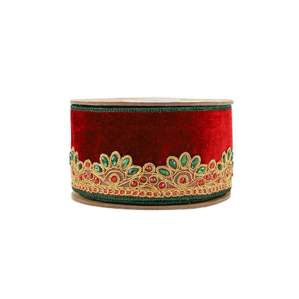 2 1/2" Wired Premium Velvet Ribbon Spool – Red velvet, gold scallop jewel trim, green edge, polished.