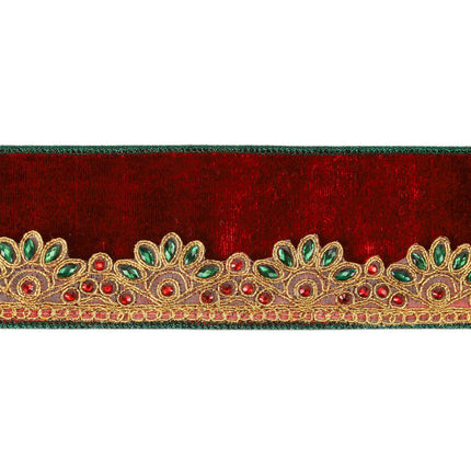 Red Wired Velvet Ribbon Closeup, Gold Embroidery with Green & Red Rhinestones, Ornamental Design Detail