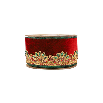  Red Wired Velvet Ribbon Spool, Gold Embroidery with Green & Red Rhinestones, Elegant Craft Ribbon