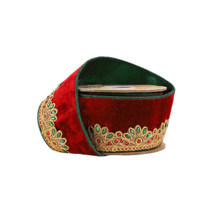 2 1/2" Wired Premium Velvet Ribbon, Red with Gold Embroidery, Green & Red Rhinestones, Rich Velvet Craft