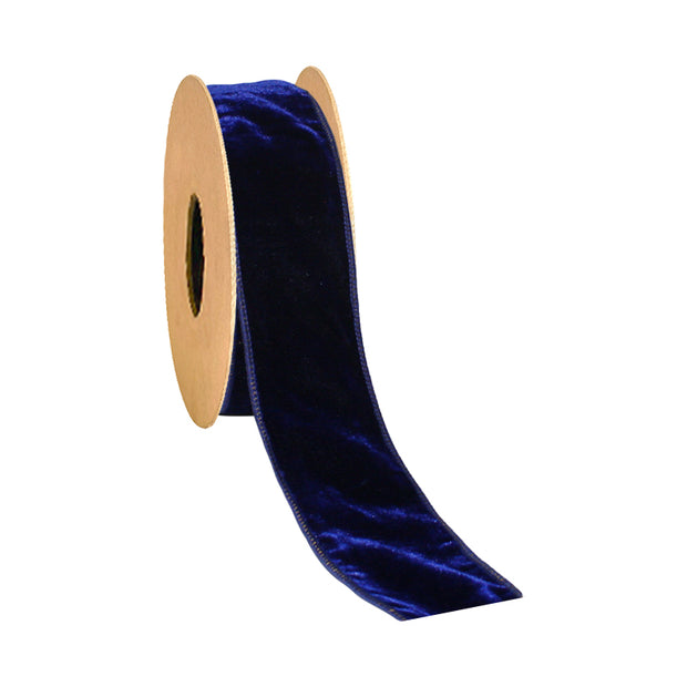 2 1/2" Wired Premium Velvet Ribbon w/ Tissue Back | Blue/Gold | 10 Yard Roll