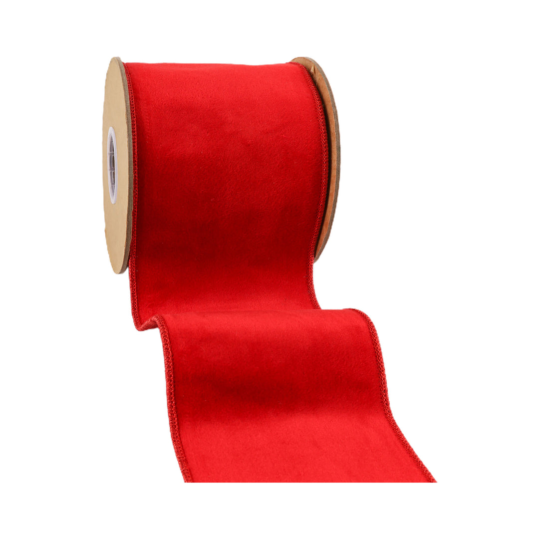 4" Wired Cozy Velvet Ribbon | Red w/ Double-Fused Metallic Red Dupioni | 10 Yard Roll