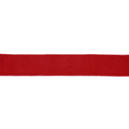 Scarlet velvet ribbon: smooth rich-red texture, neat edges – luxe for decor & crafts.