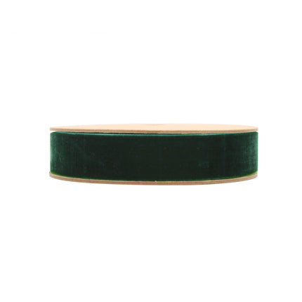 1" Spruce green velvet ribbon, ideal for styling floral arrangements, boutique product packaging.